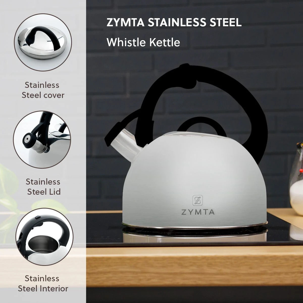 2.5 L Whistling Stainless Steel Zymta Teapot With Ergonomic Handle - Silver - Price does not include VAT