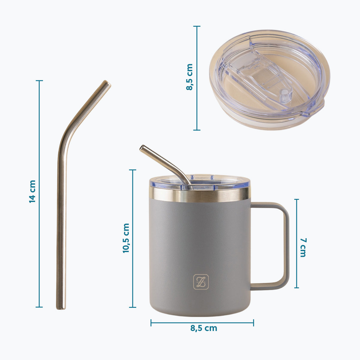 350ML Insulated Stainless Steel Tumbler with Lid, Straw & Handle - Grey