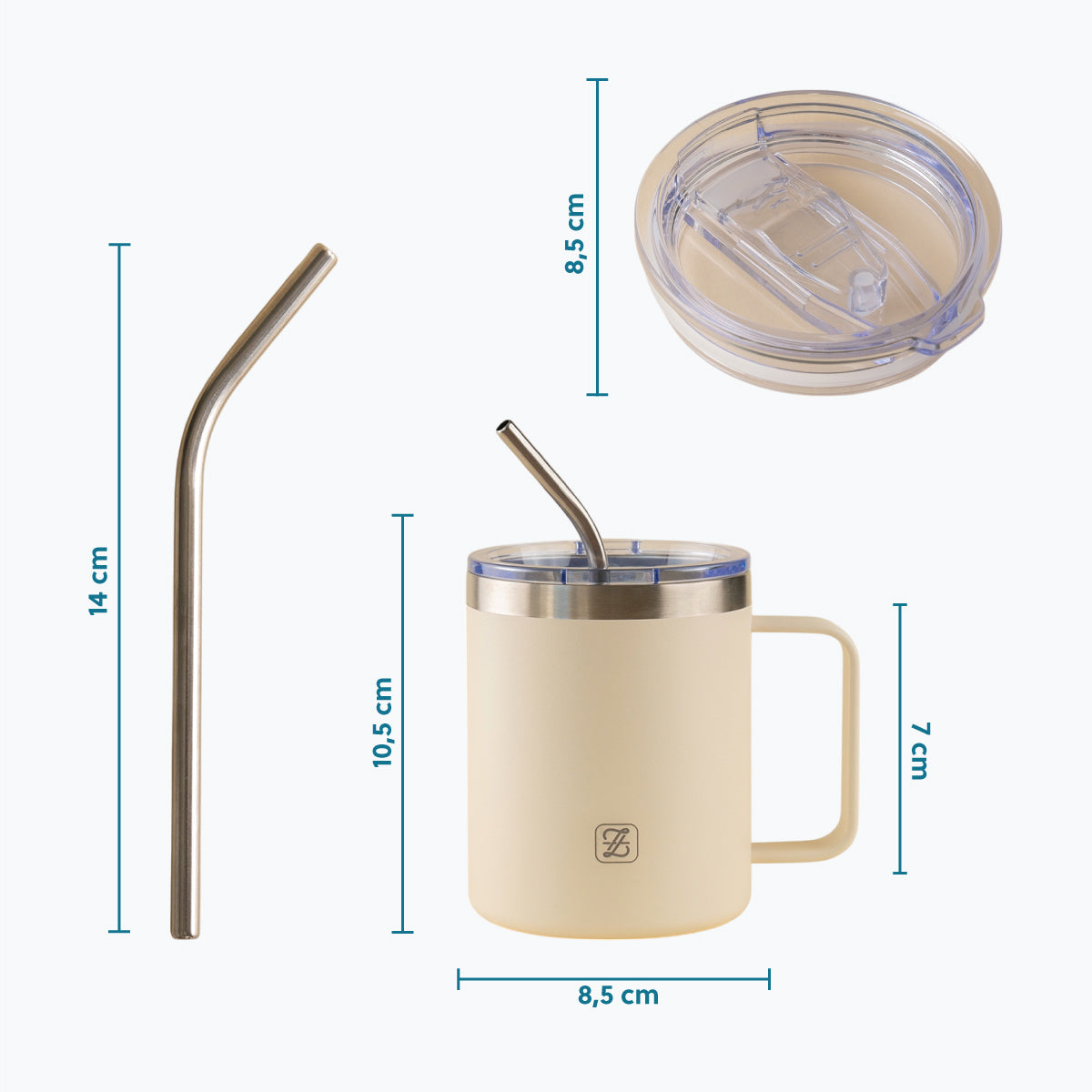 350ML Insulated Stainless Steel Tumbler with Lid, Straw & Handle - Cream
