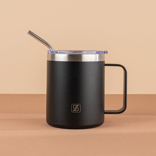 350ML Insulated Stainless Steel Tumbler with Lid, Straw & Handle - Black