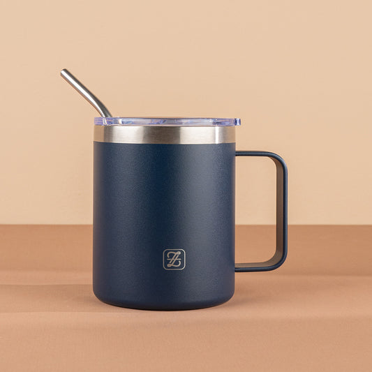 350ML Insulated Stainless Steel Tumbler with Lid, Straw & Handle - Navy Blue